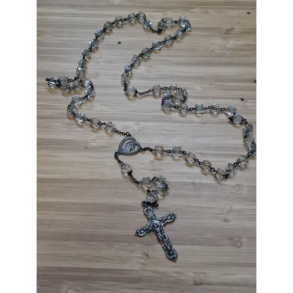 Vintage Sterling Silver Crystal Bead Catholic Rosary Madonna Child Crucifix 925